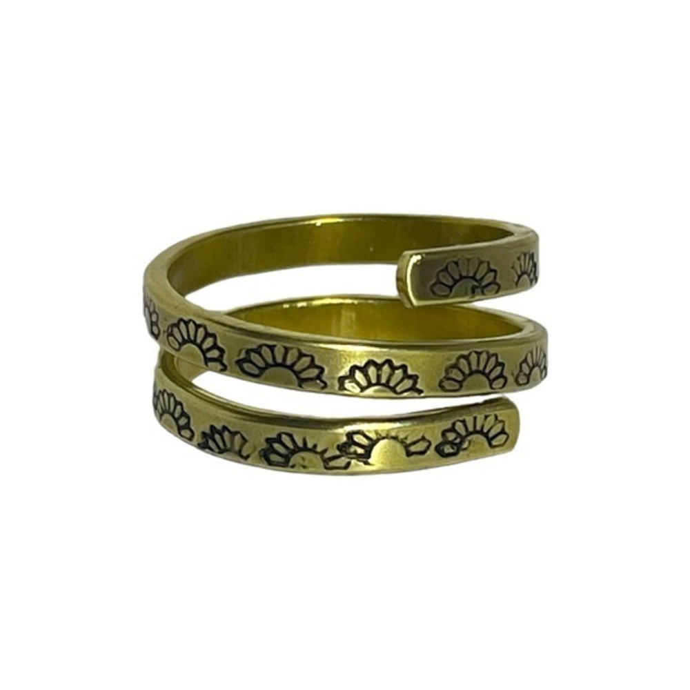 Handmade 10 stamped sunflower adjustable hypoallergenic gold brass wrap ring